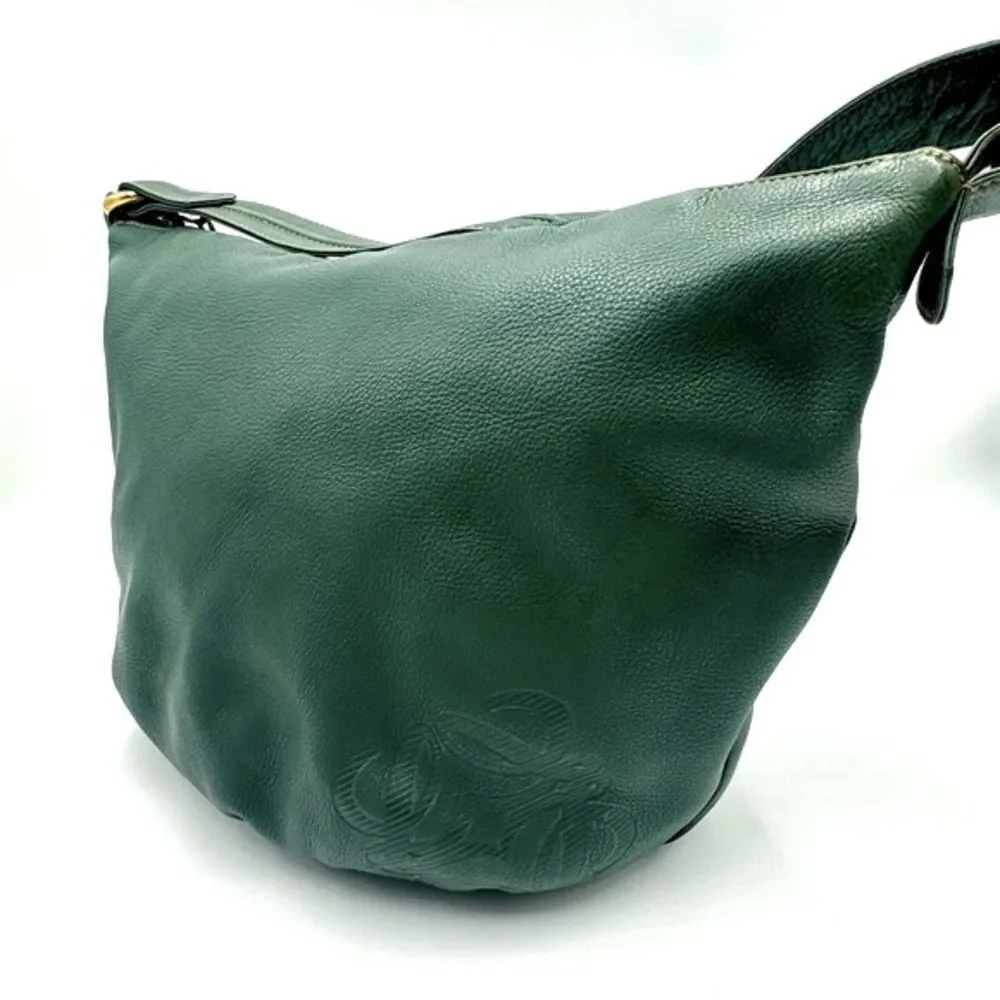 Auth Loewe Green Pebble Grain Leather Anagram Hobo Shoulder Bag Preloved Purse